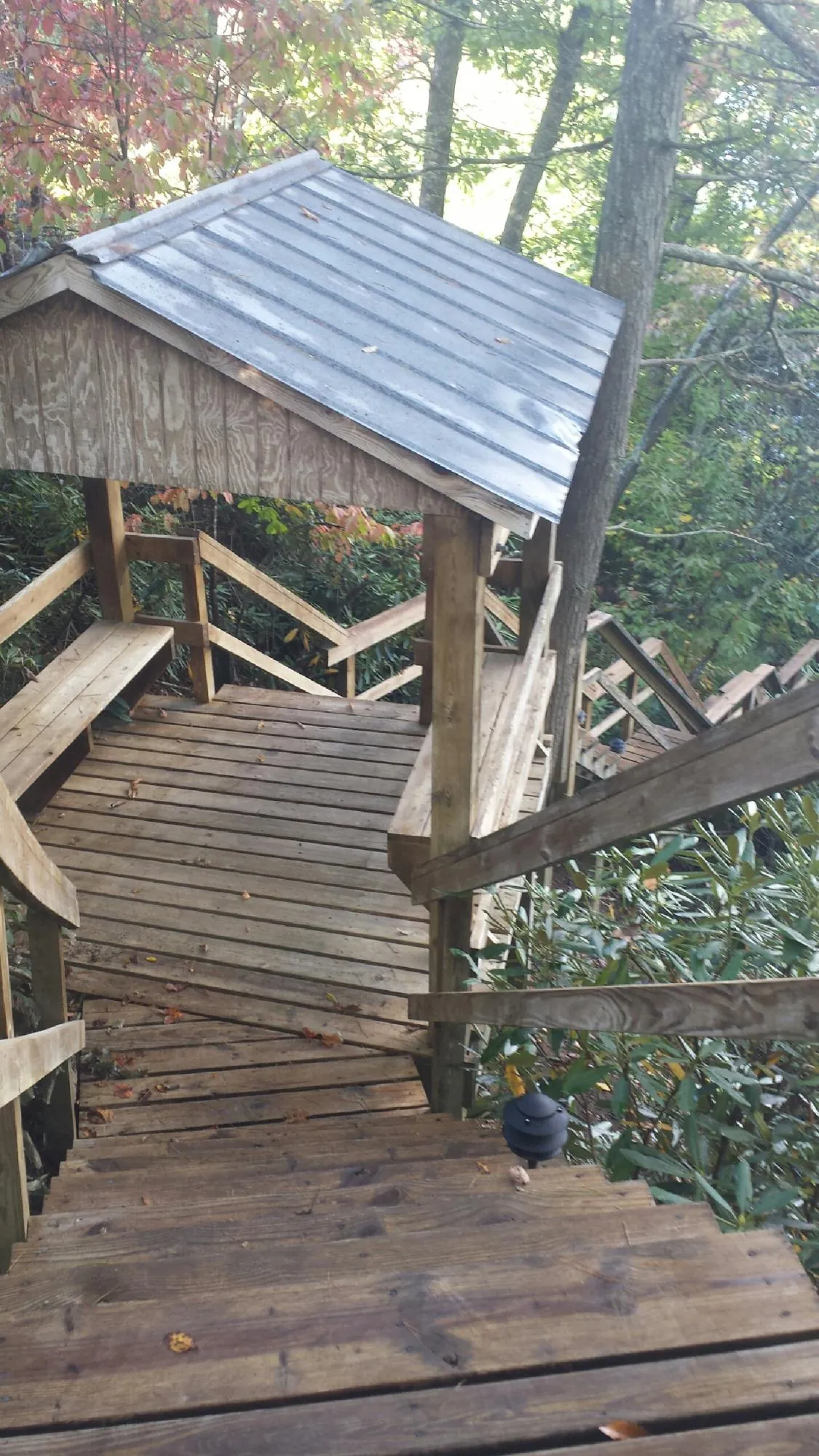 Metal roofed shelter over wooden steps on a wooded walkway — Skylight Repair & Installation work by our crew in Shasta Lake